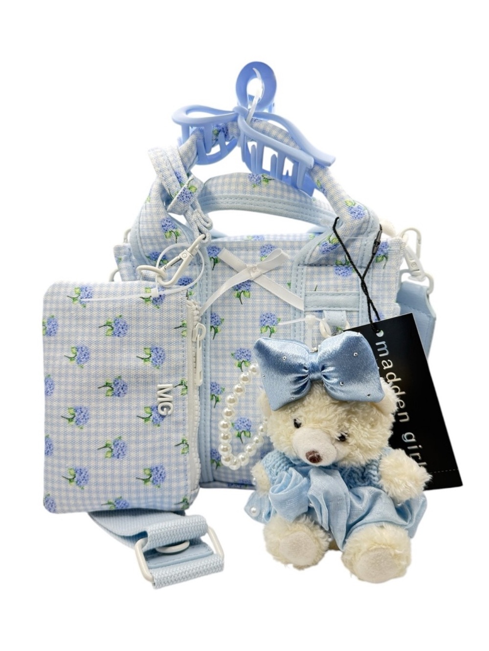 NWT Viral Madden Girl Blue Floral Gingham Mini Tote Crossbody Bag